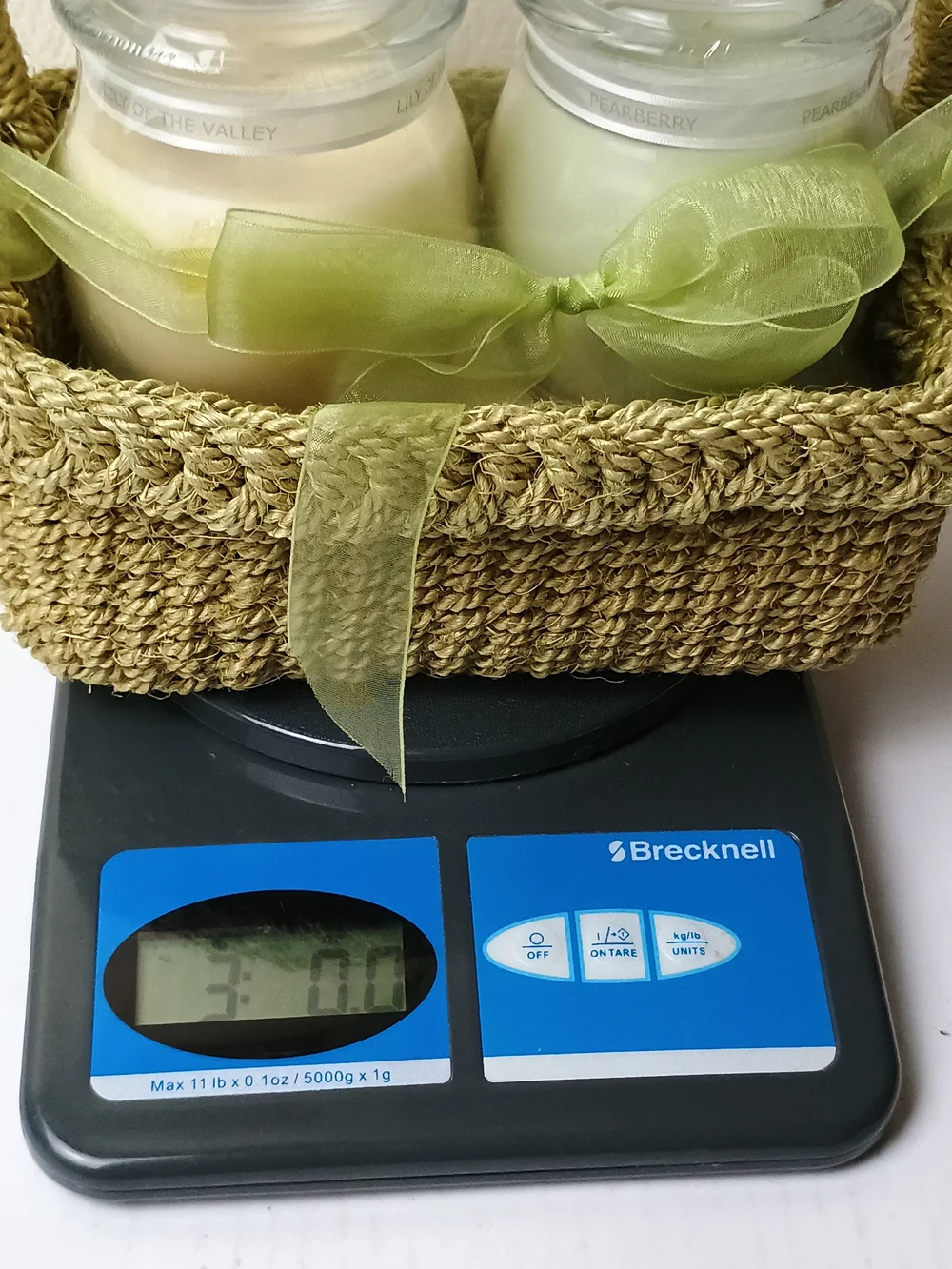 Green Woven Basket Gift Set with Two Cream Jar Candles - Pearberry Lily Of The V